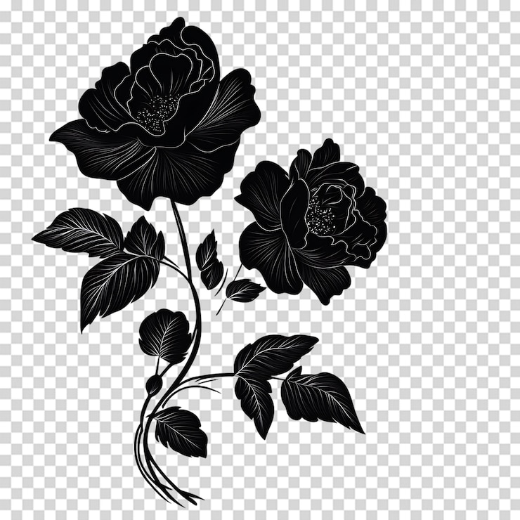 PSD elegant white line art roses on black background