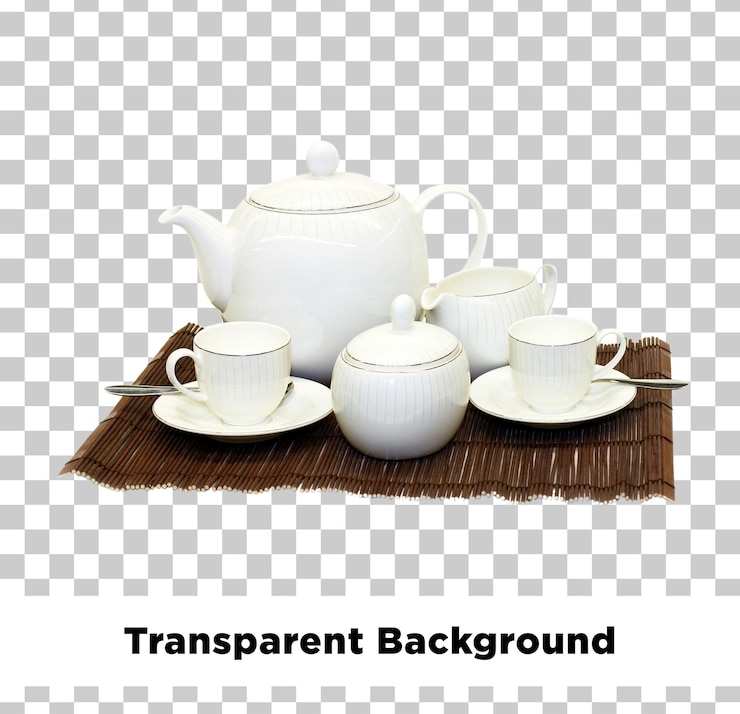 PSD elegant white porcelain tea set on a wooden mat