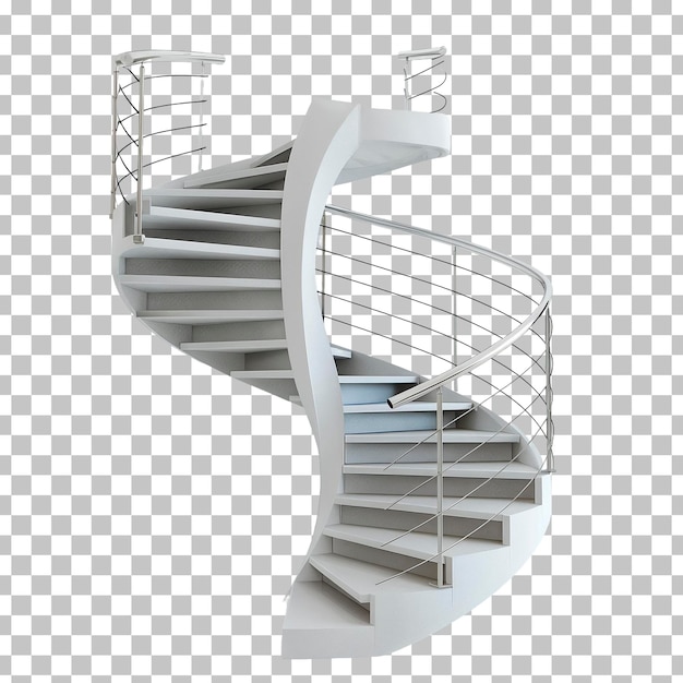 PSD elegant white spiral staircase with sleek railings isolated on a transparent background