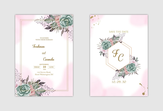 Elegant white wedding invitation and save the date with blue flower premium psd