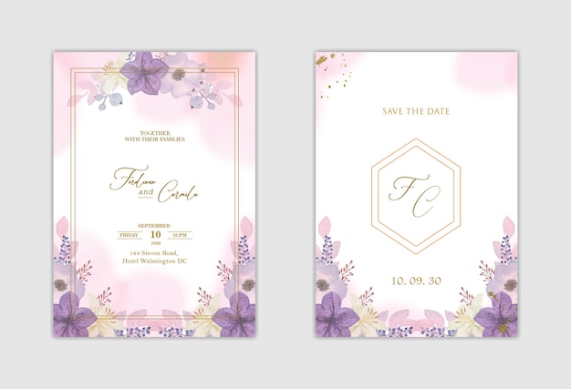 Elegant white wedding invitation and save the date with blue flower Premium Psd