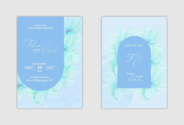 PSD elegant white wedding invitation and save the date with blue flower premium psd