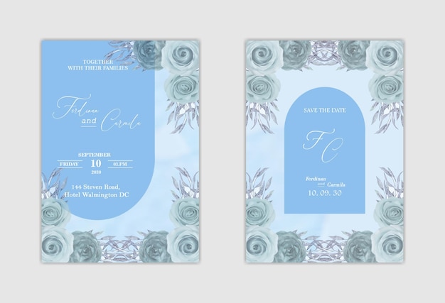 Elegante invito a nozze bianco e salva la data con fiore blu psd premium