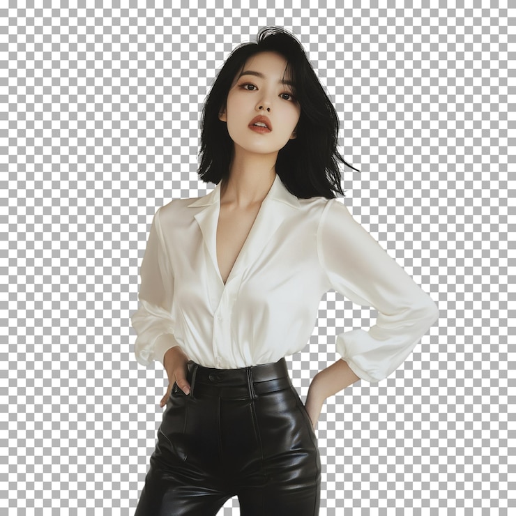 PSD 투명한 배경에 고립 된  셔츠와 검은 가죽 바지를 입은 우아한 여성