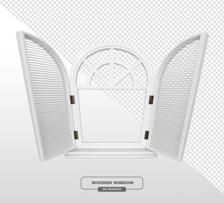 PSD elegant wooden window with open shutters 3d render