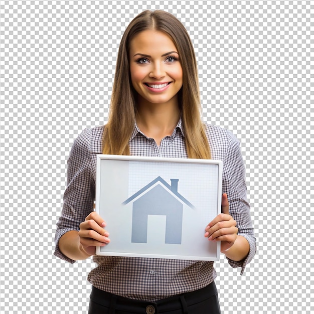 elegant young woman holding house sign