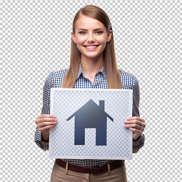 elegant young woman holding house sign