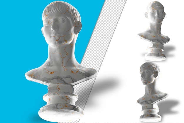 Elegante 3d-weergave van het standbeeld van een jonge man met kort haar in wit marmer en gouden modekleding