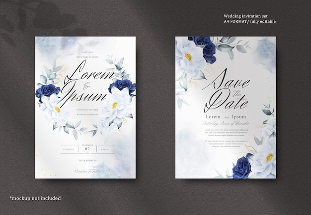 Elegante aquarel bloemenlijst bruiloft briefpapier met marineblauwe bloem en bladeren