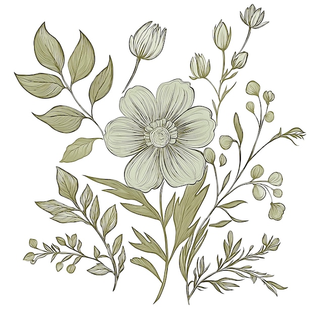 Elegante botanische illustratie van groene bloemen en bladeren