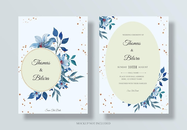 Elegante bruiloft uitnodigingskaart met blauwe bloemen decoratie psd