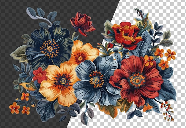 Elegante geborduurde bloemen in paars en oranje op een doorzichtige achtergrond