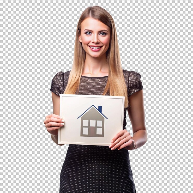 PSD elegante jonge vrouw met een huisbord