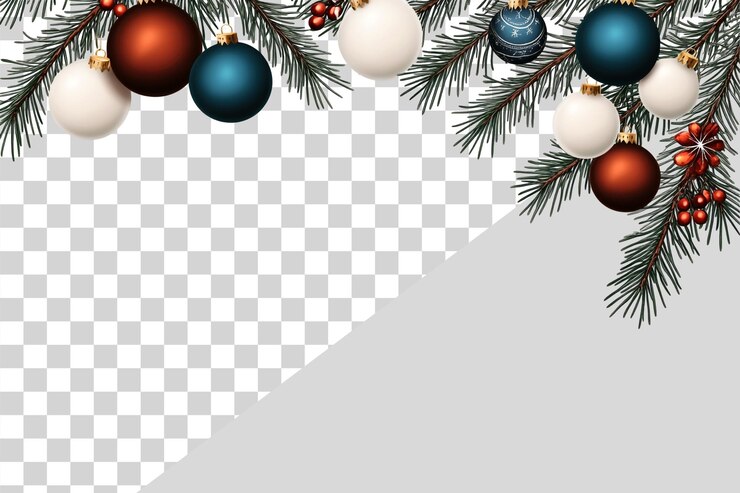 PSD elegante kerstrand met witte en blauwe ornamenten dennen takken en sneeuwvlokken voor het seizoen