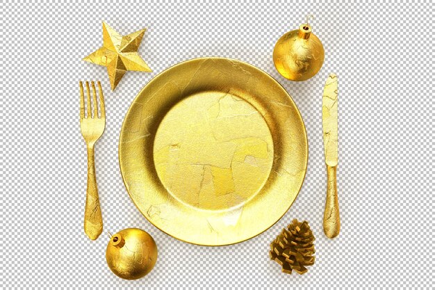 PSD elegante minimalistische feestelijke gouden kerstdinerset. 3d-rendering