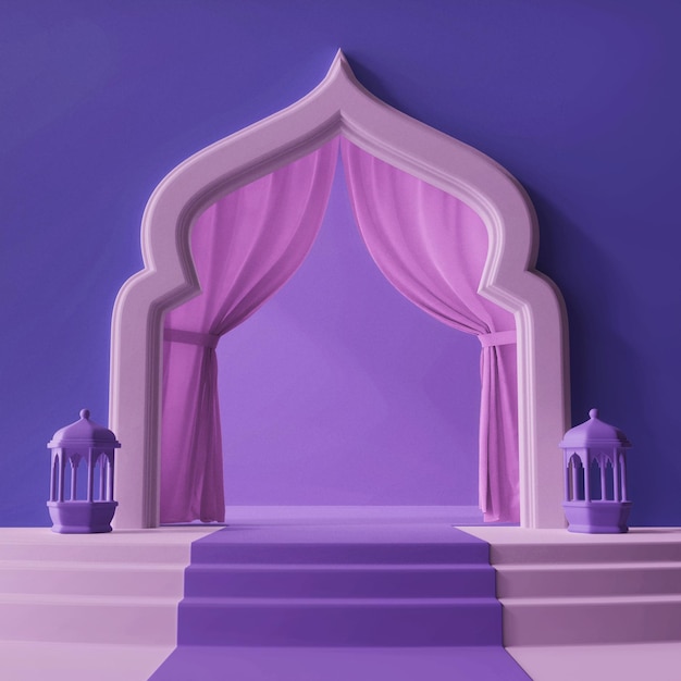 elegante paarse productweergave 3D-achtergrond sociale media berichtgrootte islamitisch ramadan-thema