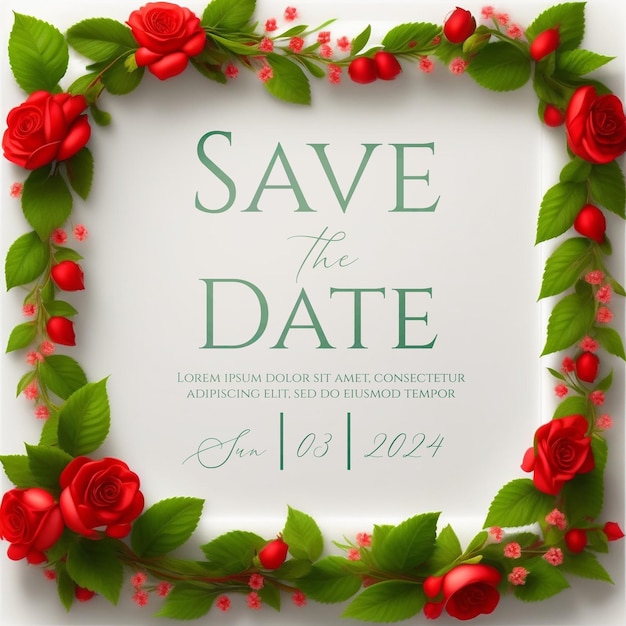 PSD elegante rode roos bruiloft uitnodiging met klassieke witte frame