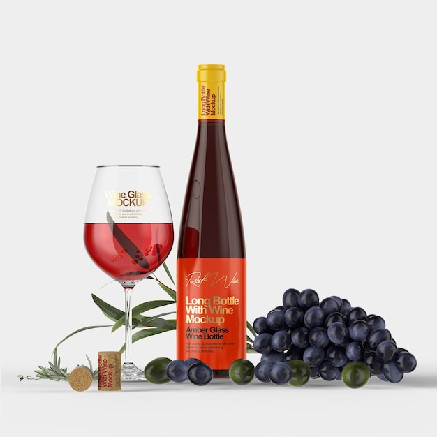 Elegante wijnfles en glazen mockup met druiven en olijven