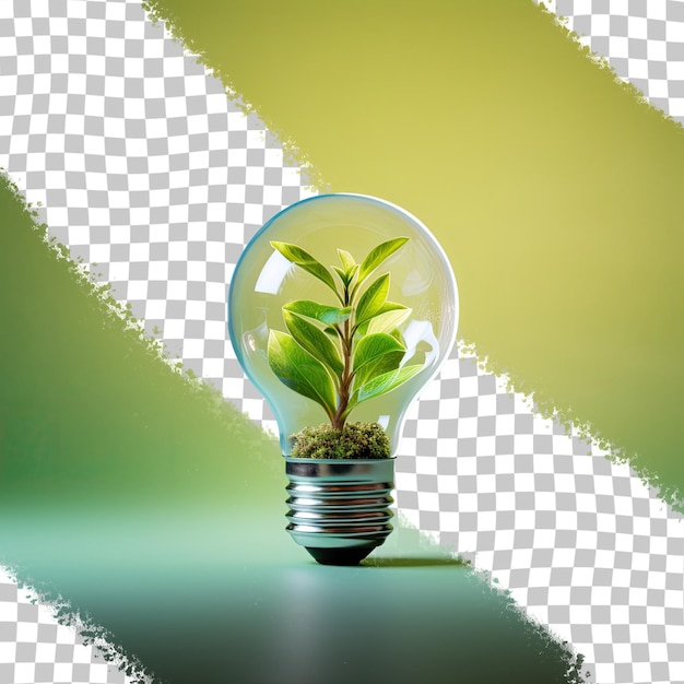 PSD elektrische gloeilamp met een plant erin als symbool voor schone energie op een transparante achtergrond