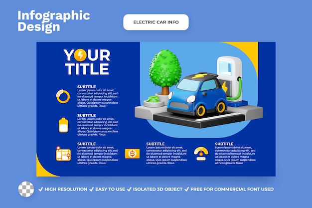 PSD elektrische voertuig infografisch met 3d render illustratie