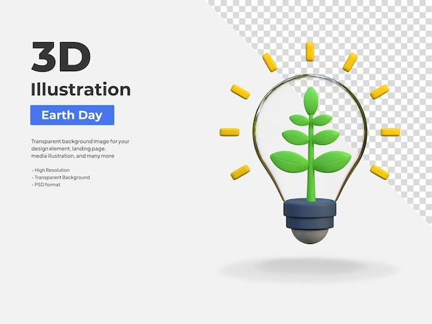 Elektrisk miljövänlig glödlampa, ikon för Earth Day, 3D-illustration