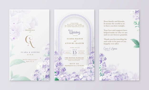 PSD elektronische islamitische huwelijksuitnodiging sjabloon met paarse bloem