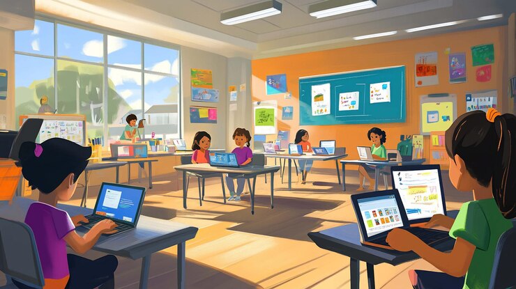 PSD elementary school classroom with diverse students using laptops bright and sunny day