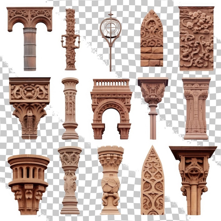 PSD elements of architectural decorations of buildings sculptures and statues on the streets in catalo