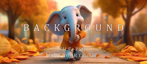 PSD elephant going to school cute cartoon leaves background