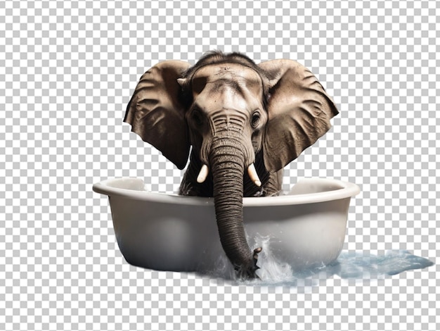 PSD elephant joyously sprays water with its trunk cooling off in a lush river habitat