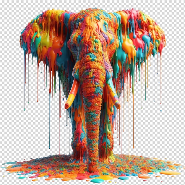 An elephant with a colorful pattern on its back and the word elephant on the bottom