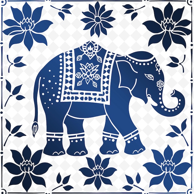 An elephant with flowers on it is painted in blue and white