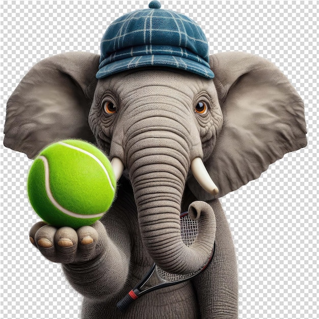 An elephant with a hat on its head holding a tennis ball