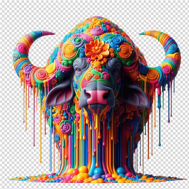 An elephant with a rainbow colored face is covered in colorful paint