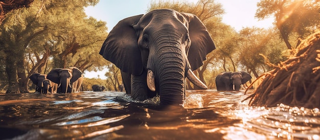 PSD elefanti che attraversano un fiume poco profondo con sullo sfondo la luce solare attraverso le lacune nelle foglie degli alberi