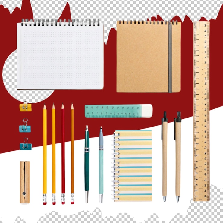 PSD elevated view of various stationeries on yellow backdrop
