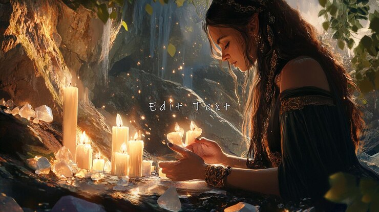 PSD elven woman in a mystical cave lighting candles