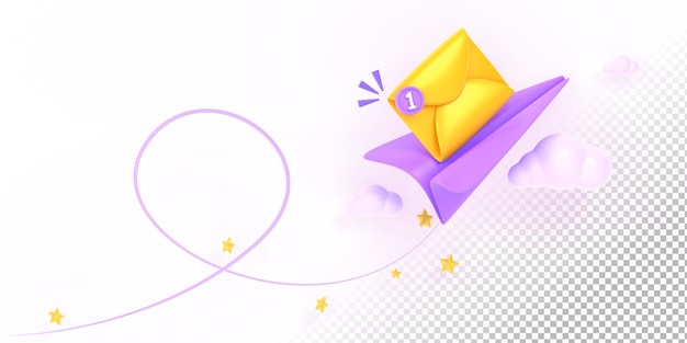 Email message service 3d render Flying paper plane and mail envelope in sky with clouds and stars unread message web page for email marketing company sending notifications icon