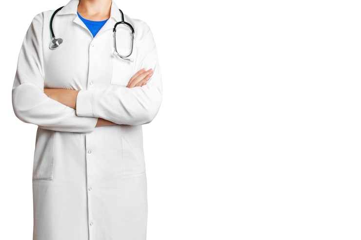PSD emale doctor with folded arms on an empty background for healthcare marketing medical