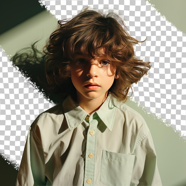 PSD a embarrassed child boy with wavy hair from the asian ethnicity dressed in taking photographs attire poses in a dramatic shadow play style against a pastel green background