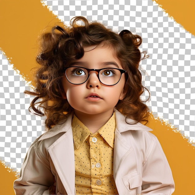 A embarrassed child girl with wavy hair from the hispanic ethnicity dressed in neonatologist attire poses in a eyes looking over glasses style against a pastel yellow background