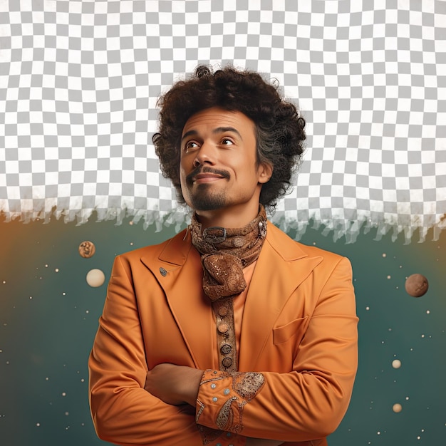 PSD a embarrassed middle aged man with kinky hair from the uralic ethnicity dressed in astronomer attire poses in a eyes closed with a smile style against a pastel apricot background