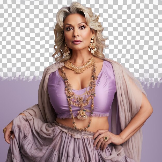 PSD a embarrassed middle aged woman with blonde hair from the south asian ethnicity dressed in making jewelry attire poses in a full length with flowing dress style against a pastel lavender ba