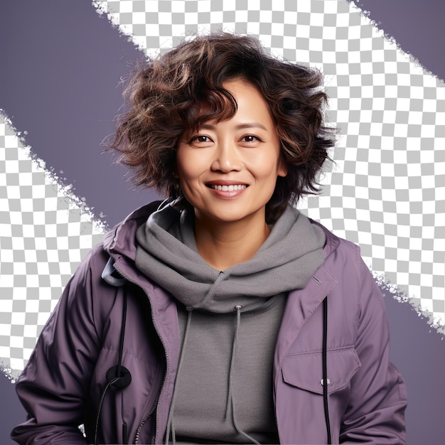 PSD a embarrassed middle aged woman with curly hair from the east asian ethnicity dressed in camera operator attire poses in a eyes downcast with a smile style against a pastel periwinkle backgr