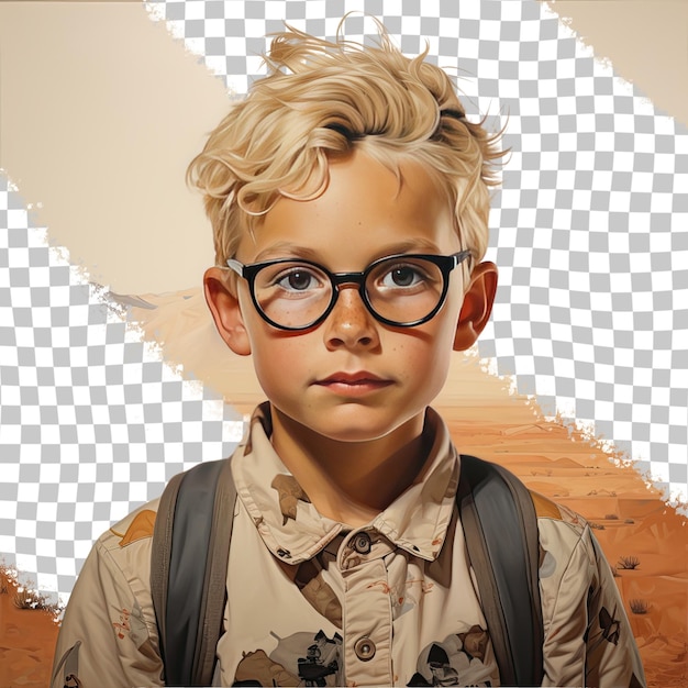 PSD a embarrassed preschooler boy with blonde hair from the aboriginal australian ethnicity dressed in geologist attire poses in a eyes looking over glasses style against a pastel beige backgrou