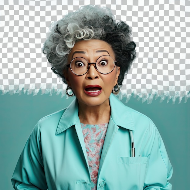 PSD a embarrassed senior woman with kinky hair from the asian ethnicity dressed in cardiologist attire poses in a eyes looking over glasses style against a pastel turquoise background