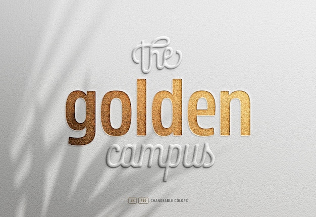 PSD embossed and debossed gold logo mockup on textured white paper