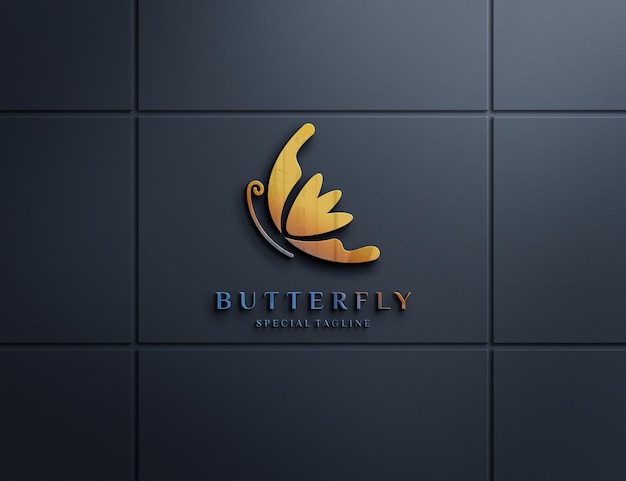 PSD embossed logo mockup on black wall