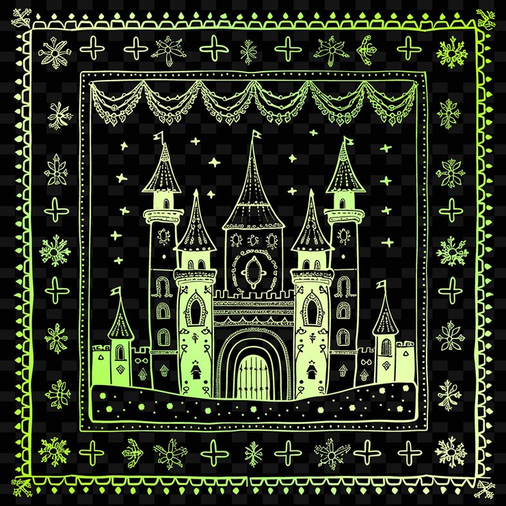 PSD embroidered bedspread outline with castle design and banner illustration frames decor collection