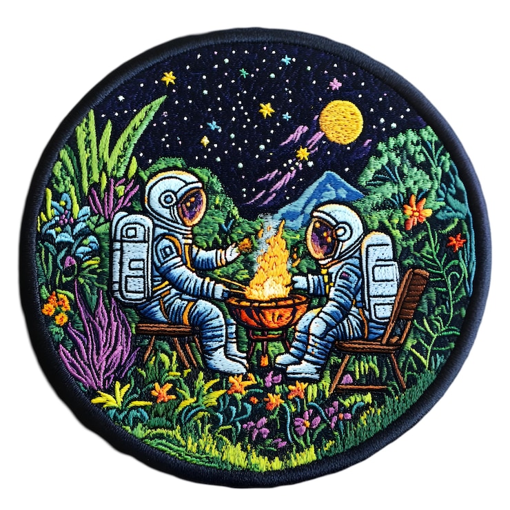 PSD 在星際下露營的宇航員的刺斑點太空冒險和自然設計